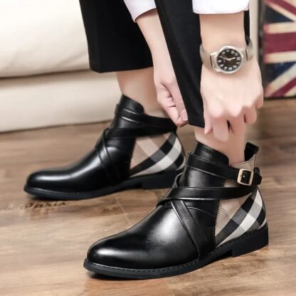 Купить 2021 Men shoes Pu Leather Boots Buckle Design Plaid Ankle High Fashion Casual Top Quality Low Heel Assorted Male TV866
