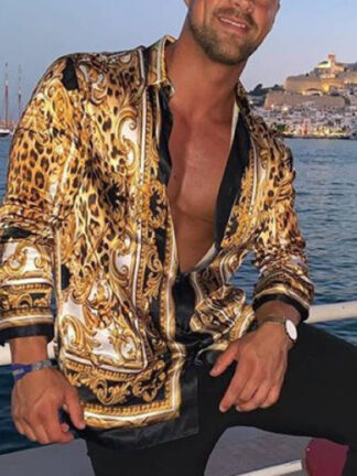 Купить Men's long sleeve shirt casual leopard print floral printed top trendy Blouse Homme Bohemian Tops