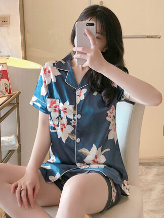 Купить 3pcs/set Sexy Silk Satin Pajamas for Women Short Sleeves Sleepwear Lapel Pyjama Femme Nightwear M to XXL