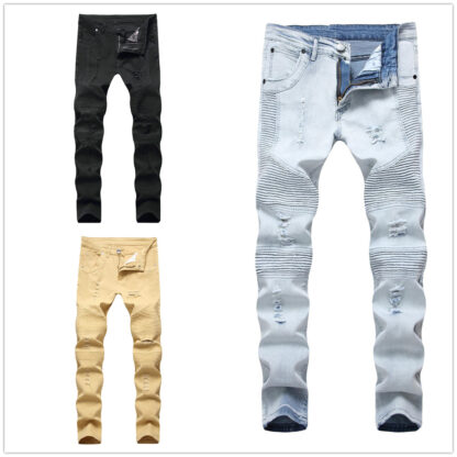 Купить Men's Jeans Man Biker Clothing Pants Slip Destroyed Mens Slim Denim Straight Skinny Men Ripped Jean Fashion Personality blue/black/Khaki