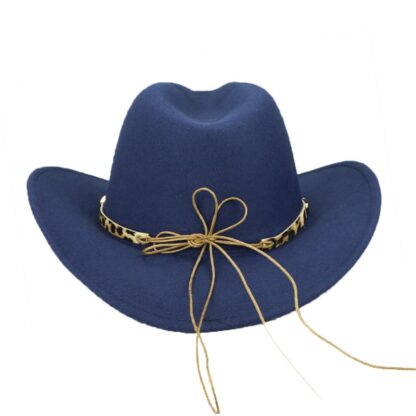 Купить Wide Brim Hats Leopard Ribbon Belt Men Women Western Cowboy Cow Head Band Hat Jazz British Winter Wool Fedora Cap 56-58CM 3606 Q2