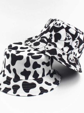 Купить Reversible Black White Cow Pattern Bucket Hats Fisherman Caps for Women Q0811