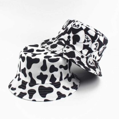 Купить Reversible Black White Cow Pattern Bucket Hats Fisherman Caps for Women Q0811