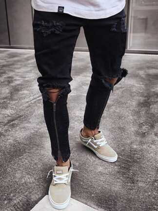 Купить Men's Jeans Slim-fit Zipper Ripped Narrow-leg Pants Trendy Trousers Tight-fitting Denim