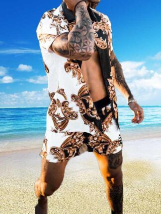Купить Men Summer Tracksuits Hawaii Short Sleeve Button Down High Quality Printed comfortable Shirt Tops Shorts Sets Clothes