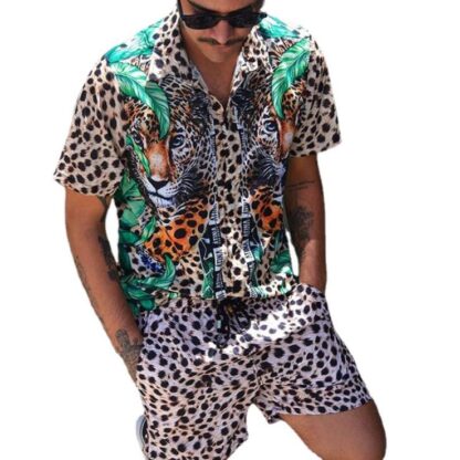 Купить stylish leopard print tracksuits casual loose chemisier printed shirt beach pants suit men tiger printing man sets