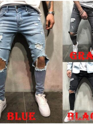 Купить Pants Mens Distressed Ripped Biker Jeans Casual Trousers Slim Fit Motorcycle Biker Denim Fashion Designer Pants Hip Hop Jeans