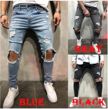Купить Pants Mens Distressed Ripped Biker Jeans Casual Trousers Slim Fit Motorcycle Biker Denim Fashion Designer Pants Hip Hop Jeans