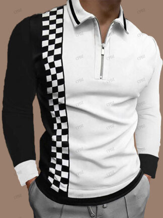 Купить Mens Polo Designer Polos Long Sleeve T-shirt Fashion Style printed Zipper Polyester collar lattice Men Tees Clothes blura pattern blouse