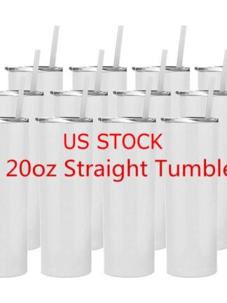 Купить US Stock 24H ship Sublimation Tumblers Water Bottles 20 Oz Stainless Steel Straight Blank Mugs white Tumbler with Lid Straw for Heat Transfer DIY Gift Coffee Mug C0303