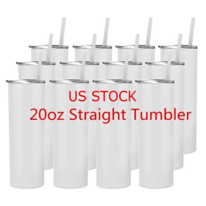 Купить US Stock 24H ship Sublimation Tumblers Water Bottles 20 Oz Stainless Steel Straight Blank Mugs white Tumbler with Lid Straw for Heat Transfer DIY Gift Coffee Mug C0303