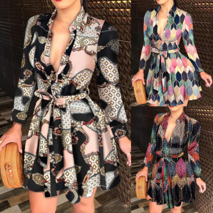 Купить Printed Dress for Woman Long Sleeve V-neck Lace up Fashion Sexy Party Dress 2022 Spring and Autumn New