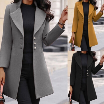 Купить Designer Women's Woolen Overcoat Coat 2022 Winter Mid-Length Wool Polo Collar Solid Color Slim-Fit Coat