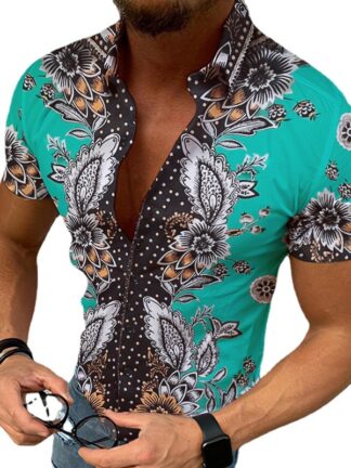 Купить Vintage Polka Dot Flower Print Shirt Clothing summer Button Closure printing shirts mens short sleeve chemise blouse