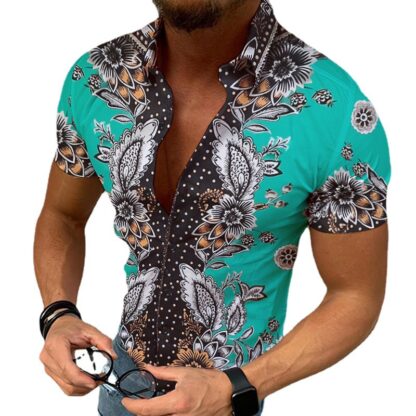 Купить Vintage Polka Dot Flower Print Shirt Clothing summer Button Closure printing shirts mens short sleeve chemise blouse