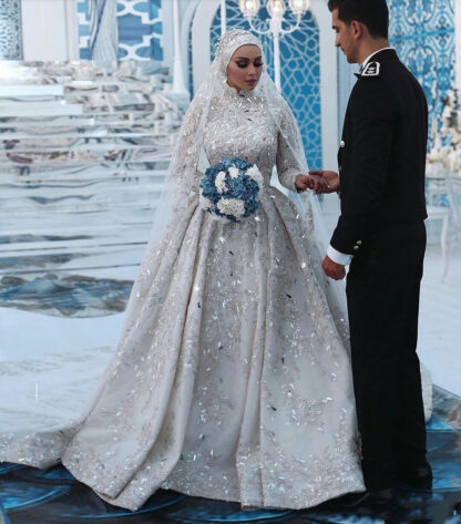 Купить DuBai wedding dresses Bridal Gowns 2022 Luxury Saudi Arabic Lace A-line High Neck Muslim Sparkly Long Sleeves Sequin Dress