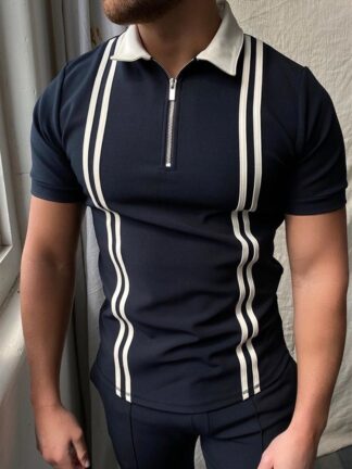 Купить Spring summer POLOs shirt zipper stripe color matching men's T-shirt top Custom Logo Striped Polo Shirts