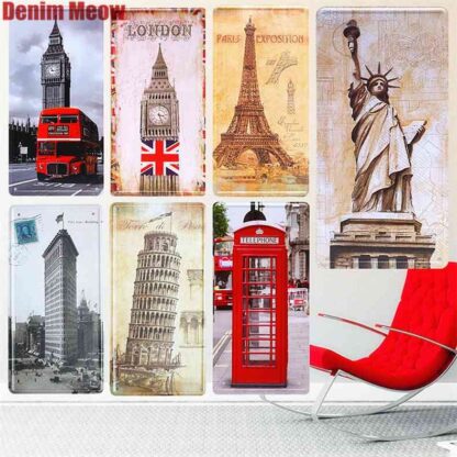 Купить 15*30cm Leaning Tower of Pisa Vintage Car License Bar Cafe Decorative Plates London Bus Poster Statue Of Liberty Tin Sign