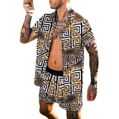 Купить Chain Print short Sleeve Shirt Loose Suit Tracksuits For men Summer Hawaii Outfits Sets Two Piece Top and Shorts Set