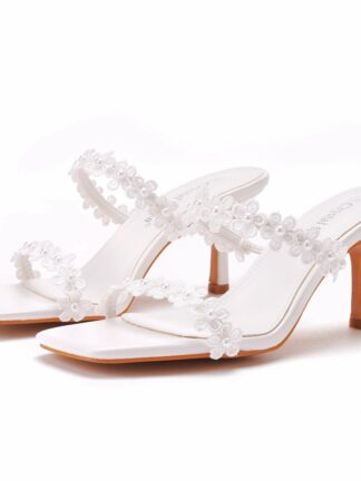 Купить Fashion White Lace Flower Beaded women's shoes Square Head wine glass heel high-heeled slippers