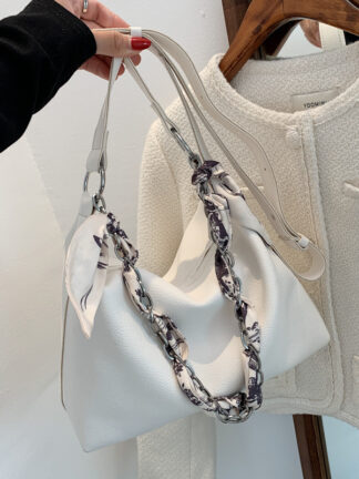 Купить 2021 new fashion silk scarf women's bag large capacity soft PU one shoulder handbag