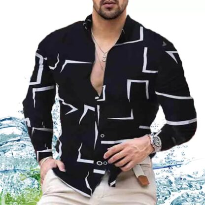 Купить Autumn mens lattice geometric blouse slim long sleeve shirt printing black white trendy navy shirts Polar white tops