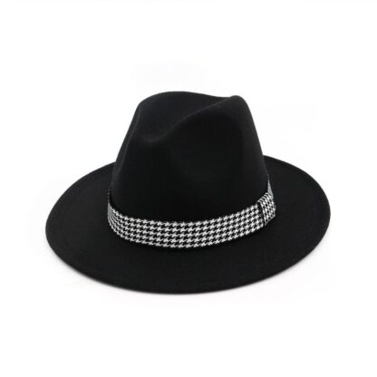 Купить Wide Brim Hats Autumn Winter Female Trend Flat Straight Houndstooth Top Hat Men Women Wool Cap Elegant Ladies Woolen Retro Jazz