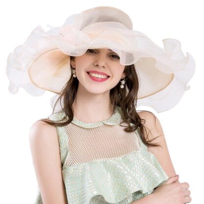 Купить New Fashion Wide Brim Hats Women Mesh Veil Sun Hat Ruffles Artificial Flower Feather Large Tea Party Wedding Fascinator Cap D08E