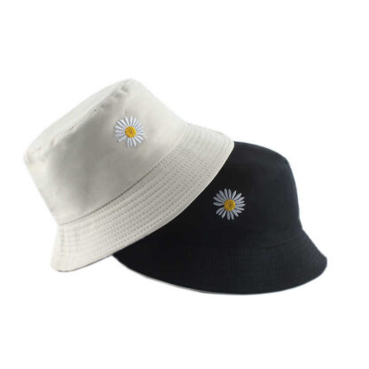 Купить Summer Daisies Embroidery Bucket Hat Women Cotton Fashion Sun Cap Girls Reversible Daisy Bob Sun Femme Floral Panama Hat Q0811