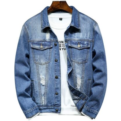 Купить Men's Jackets Man Casual Mens Classic Distressed Blue Denim Jacket Ripped Hole Fashion Slim Fit Coat Autumn Outwear Drop Clothing