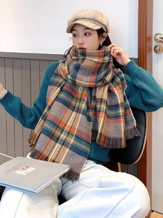 Купить Scarves 2021 Women Autumn Winter Thick Warm Scarf Plaid Tassel Scarfs Female Knitted Wool Stole Wrap