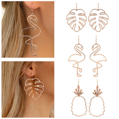 Купить Pendant Earrings For Women Hollow Metal Rose Gold Leaves Flamingo Pineapple Personality Exaggerated Ladies Party Novelty Fashion Accessories
