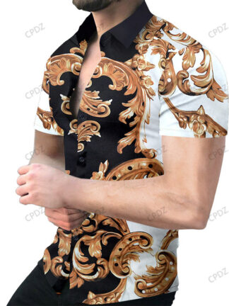Купить Men Shiny gold 3D print Shirts Luxury Design printing Casual summer short Sleeve shirts Slim Single breasted Theme party Hawaiian style Fashionable pattern Tees