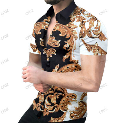 Купить Men Shiny gold 3D print Shirts Luxury Design printing Casual summer short Sleeve shirts Slim Single breasted Theme party Hawaiian style Fashionable pattern Tees