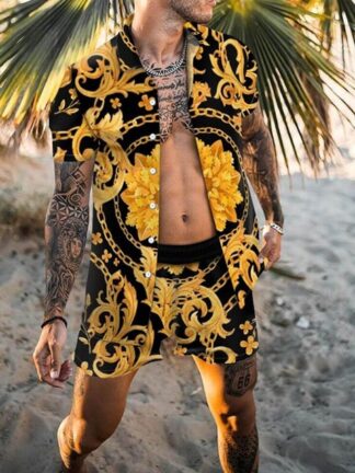 Купить Hawaii beach flower Tracksuits shirt blouse Two-Piece men's loose plus size short pant and blouses mixed black gold color printing suit