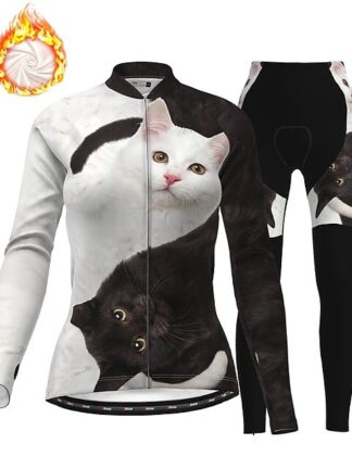 Купить 2021 Women's Long Sleeve Cycling Jersey with Tights Winter Fleece Polyester Black+White Cat Animal Bike Clothing Suit