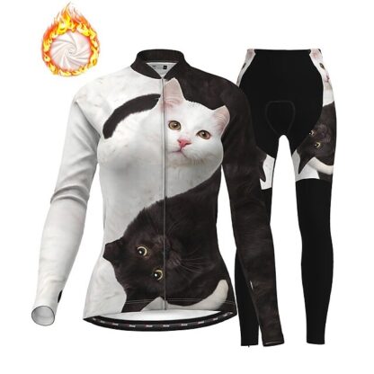 Купить 2021 Women's Long Sleeve Cycling Jersey with Tights Winter Fleece Polyester Black+White Cat Animal Bike Clothing Suit