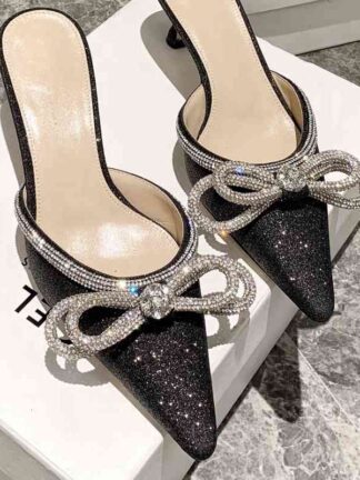 Купить Sandals ladies in high heels summer sequs toe slippers poted to strass bow seven cm slgs EVIG