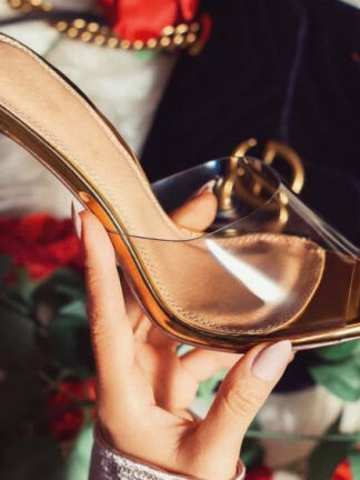 Купить 2021 fashion net red women's shoes PVC film pointed toe cap gold high-heeled sandals