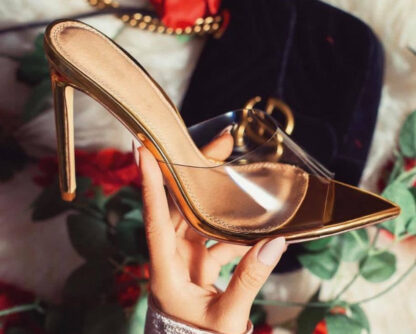 Купить 2021 fashion net red women's shoes PVC film pointed toe cap gold high-heeled sandals