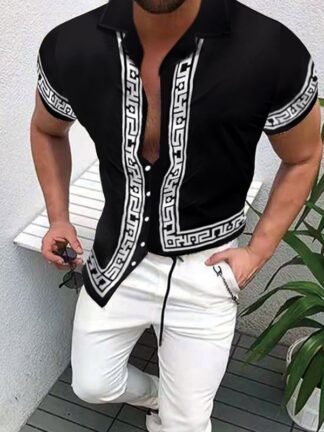 Купить Big Size 3XL Men's Casual vintage Shirts blouses short Sleeve summer Black white printed Shirt Loose Fit Print Pattern Man Clothes xxxl Blouse