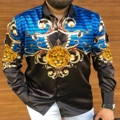 Купить Fall men's long sleeve camicetta cardigan blouses Slim fit shirt lion pattern Vintage button up Vestito blouse