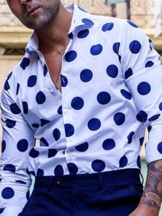 Купить stylish men's loose casual Shirts blouse printed polka dot long sleeve 3XL blusa camicetta shirt cardigan