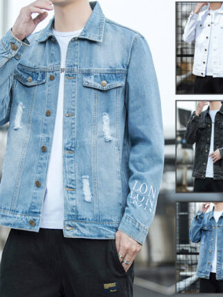 Купить Spring autumn Men's letter print ripped denim jacket new Korean trendy denims coat casual handsome jackets clothing
