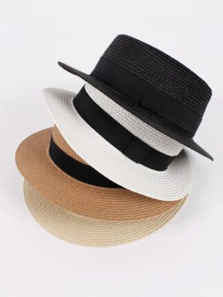 Купить New Fashion Wide Brim Hats 2021 Women's Hat Ribbon Straw Sun Breathable Large Beach Summer Boater Round Flat Top For Women
