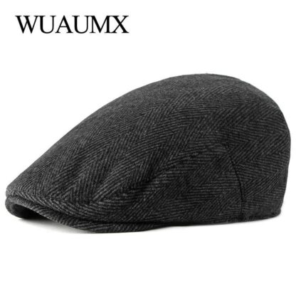 Купить Berets Wuaumx Spring Autumn Beret Hats For Men Retro British Wool Peaked Flat Ivy Cap Elderly Herringbone Hat Middle-aged