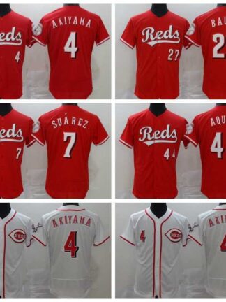 Купить 2020 Men Baseball 7 Eugenio Suarez Jersey 4 Shogo Akiyama 44 Aristides Aquino 27 Trevor Bauer Home Red Team White Stitched Flexbase