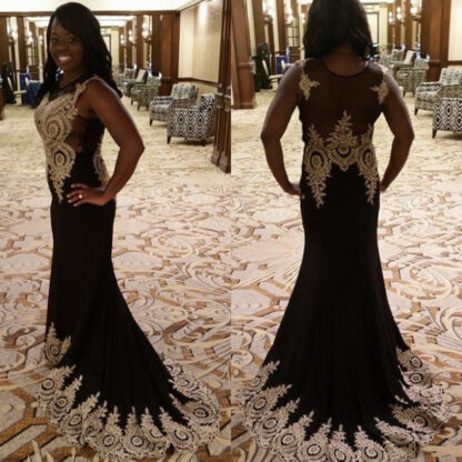 Купить Black Long Prom Dresses Illusion Neck Mermaid Blue Party Gown Gold Applique Sleeveless Red Floor Length Evening Dresses US Stock CPS234