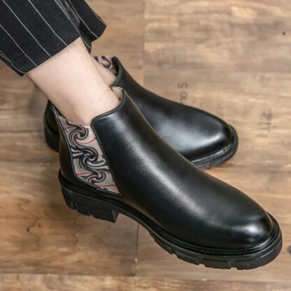 Купить High Top Business Men Chelsea Boot Side Elastic Band PU Leather Low Heel Thick Bottom Round Head Leisure Knight Motorcycle Versatile DH157