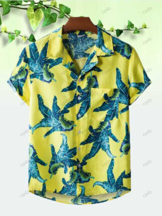 Купить Palm leaf Printed shirts for men Harajuku Beach summer outdoor loose fashion letter Striped Graffiti Print button down short sleeve Urban style Hawaii blouse